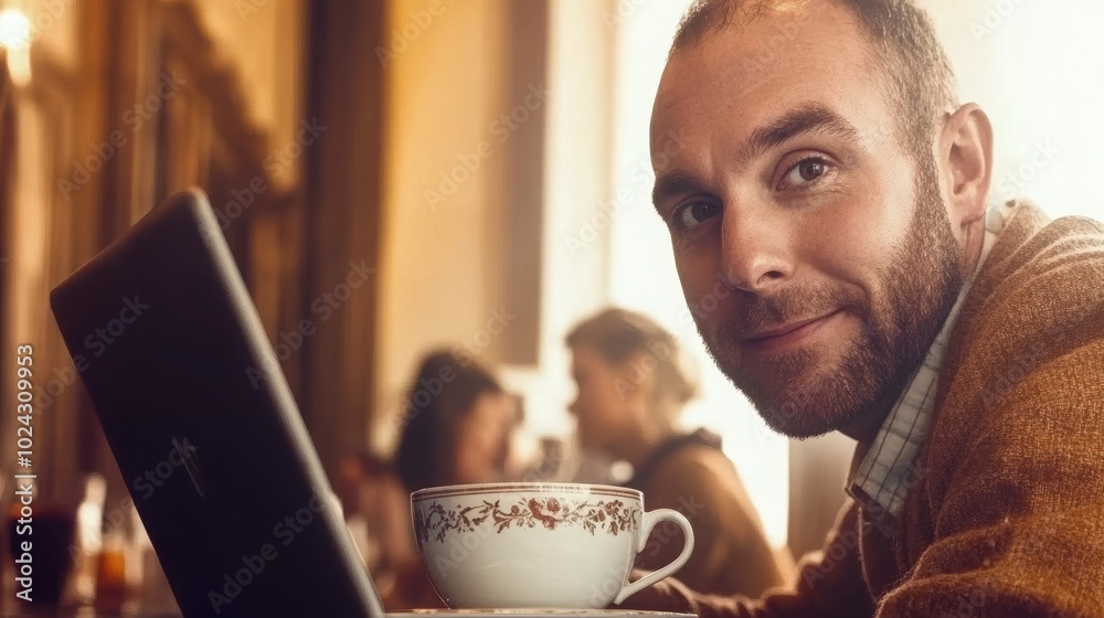 A smiling man enjoys a cup of coffee while working on his laptop in a cozy cafe, with a warm and inviting atmosphere. A smiling man enjoys a cup of coffee while working on his laptop in a cozy cafe, with a warm and inviting atmosphere.