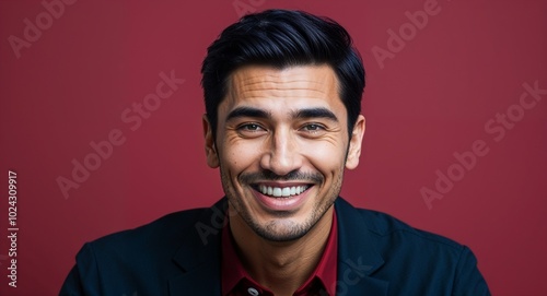 Young Latino man with oval face smirking dark red background