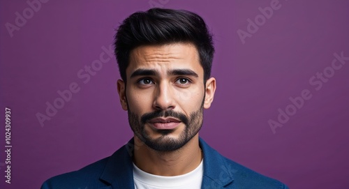 Young Latino man with pronounced jaw thoughtful warm purple background