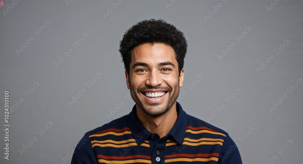 Young mixed race man with round face grinning gray background Young mixed race man with round face grinning gray background
