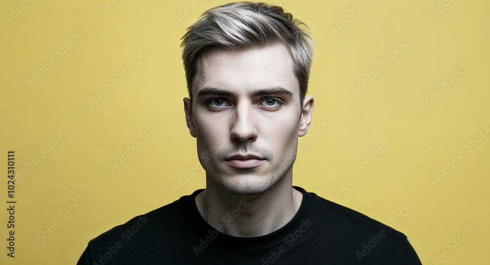 Obraz premium Young white man with angular face focused soft yellow background