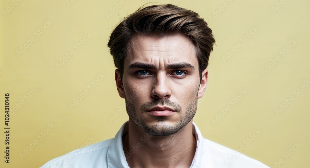Fototapeta premium Young white man with pronounced cheekbones serious pale yellow background