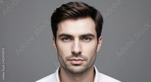 Young white man with soft jawline serious light gray background