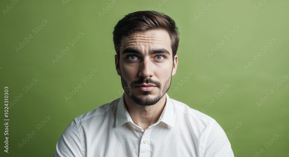 Young white man with wide forehead serious warm green background Young white man with wide forehead serious warm green background