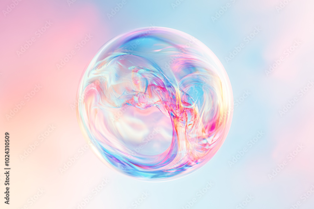 Obraz premium A delicate, translucent bubble with iridescent swirls of pink, blue, and purple suspended in mid