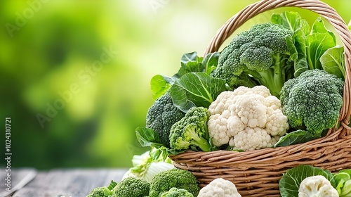 A close up image of a market basket filled with vibrant and crisp broccoli and cauliflower  The scene is enhanced with a double exposure silhouette effect