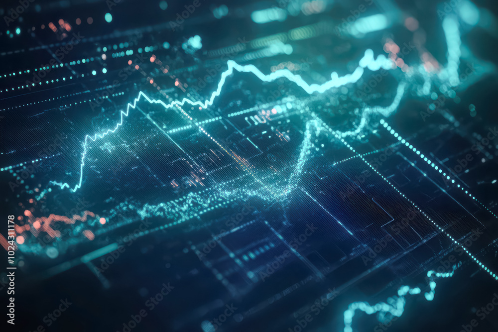 A detailed graph showing data points and analytical charts glowing in various shades