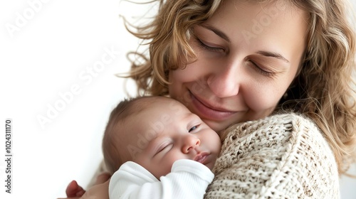 a mother from Europe cradling her newborn. isolated against a white backdrop, Generative AI.