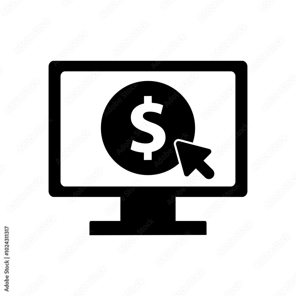 Computer screen with coin dollar clicking glyph icon. Financial, investment, profit concepts. Flat vector design isolated illustration. Computer screen with coin dollar clicking glyph icon. Financial, investment, profit concepts. Flat vector design isolated illustration.