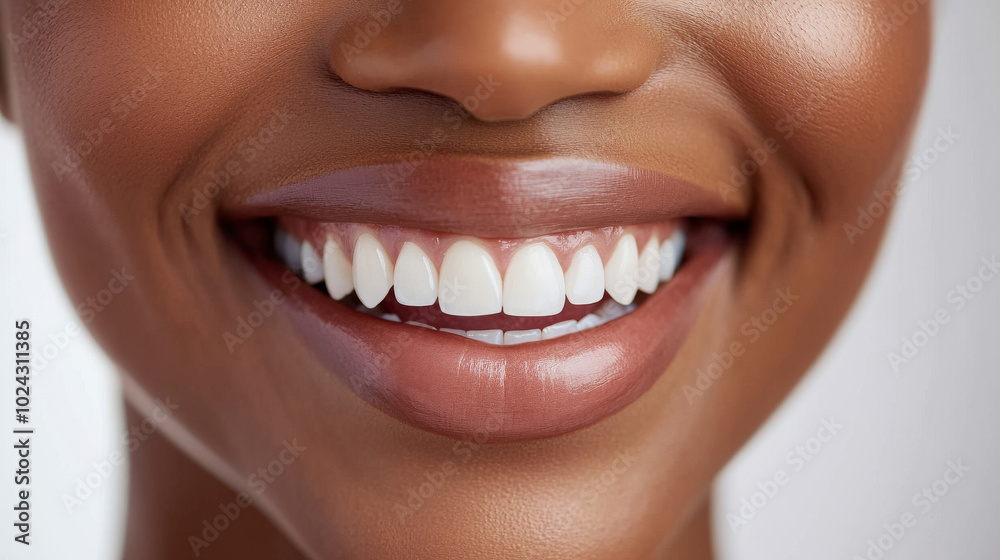 A close up of smiling woman showcasing her bright, white teeth and healthy gums, radiating confidence and joy. Her skin tone is rich and vibrant, enhancing overall warmth of image A close up of smiling woman showcasing her bright, white teeth and healthy gums, radiating confidence and joy. Her skin tone is rich and vibrant, enhancing overall warmth of image