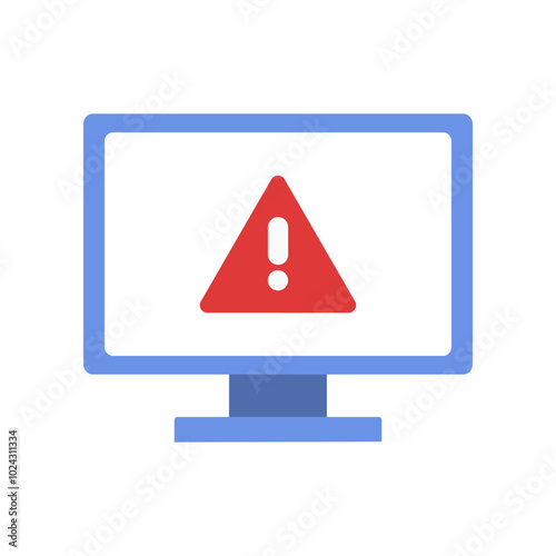 Computer screen with warning error alert icon. Technology, virus, internet problem, malware, hacking, scam, fraud concepts. Flat vector design isolated illustration.