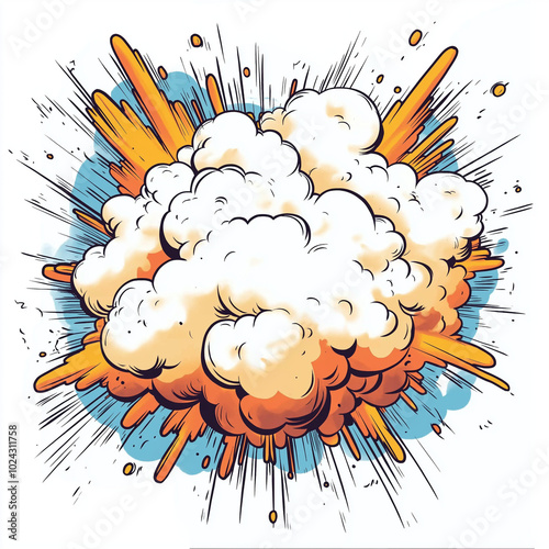 A dynamic comic-style explosion graphic with vibrant clouds and energetic colors, perfect for creative projects. photo