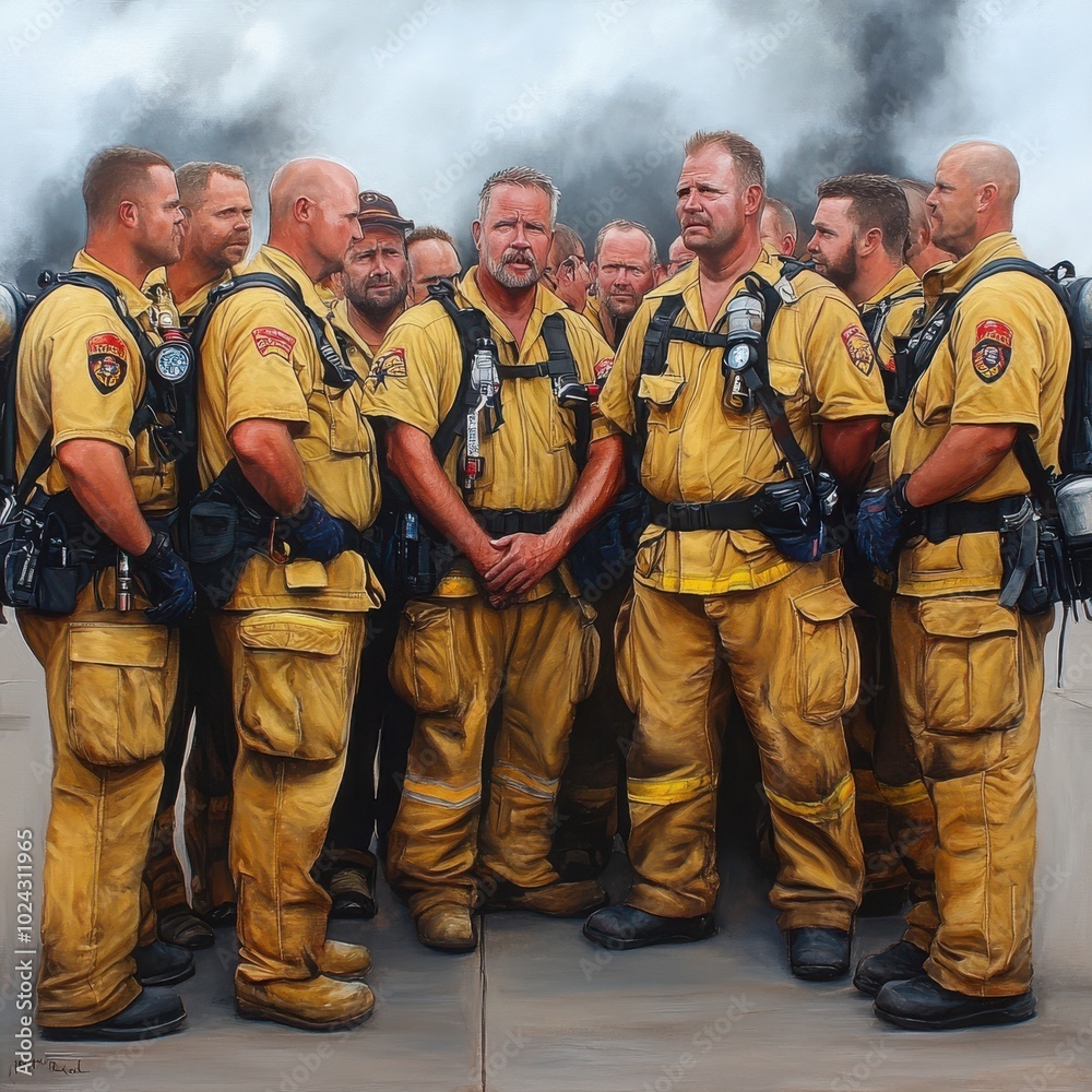 Firefighters Huddled Together for Strategy Meeting Firefighters Huddled Together for Strategy Meeting