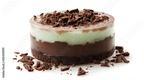 Decadent mint chocolate cheesecake with rich layers and chocolate shavings photo