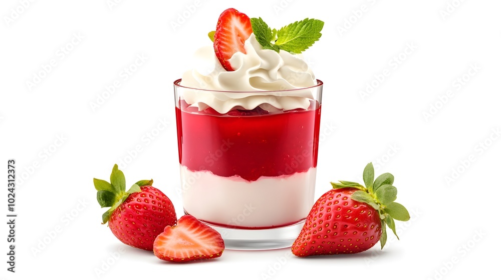 Delicious strawberry dessert with whipped cream and fresh mint garnish Delicious strawberry dessert with whipped cream and fresh mint garnish