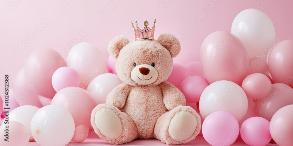 Adorable teddy bear with a crown surrounded by pink balloons. Adorable teddy bear with a crown surrounded by pink balloons.
