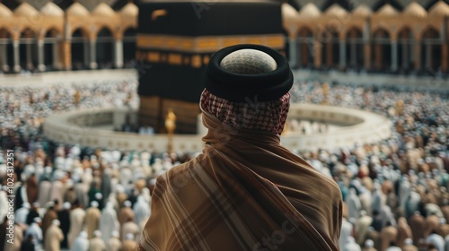 A pilgrim performing the Hajj stands in front of the magnificent Kaaba in the center of the Grand Mosque complex, surrounded by thousands of other pilgrims, Generative AI. photo