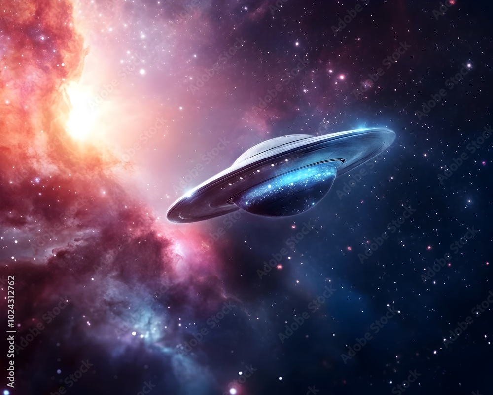 Bright sparkles dance through a cosmic watercolor sky with a UFO suspended in mid flight crossing a brilliant galaxy horizon This surreal Bright sparkles dance through a cosmic watercolor sky with a UFO suspended in mid flight crossing a brilliant galaxy horizon This surreal