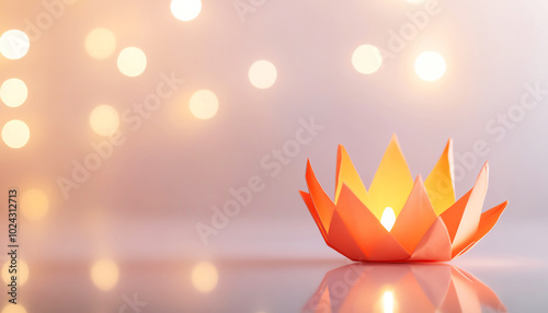 Paper lotus candle holder glowing softly against a blurred light backdrop.