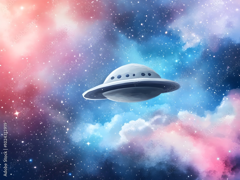A captivating cosmic scene in vibrant watercolor tones featuring a mysterious UFO drifting through a galaxy filled with shimmering stars and swirling stardust A captivating cosmic scene in vibrant watercolor tones featuring a mysterious UFO drifting through a galaxy filled with shimmering stars and swirling stardust