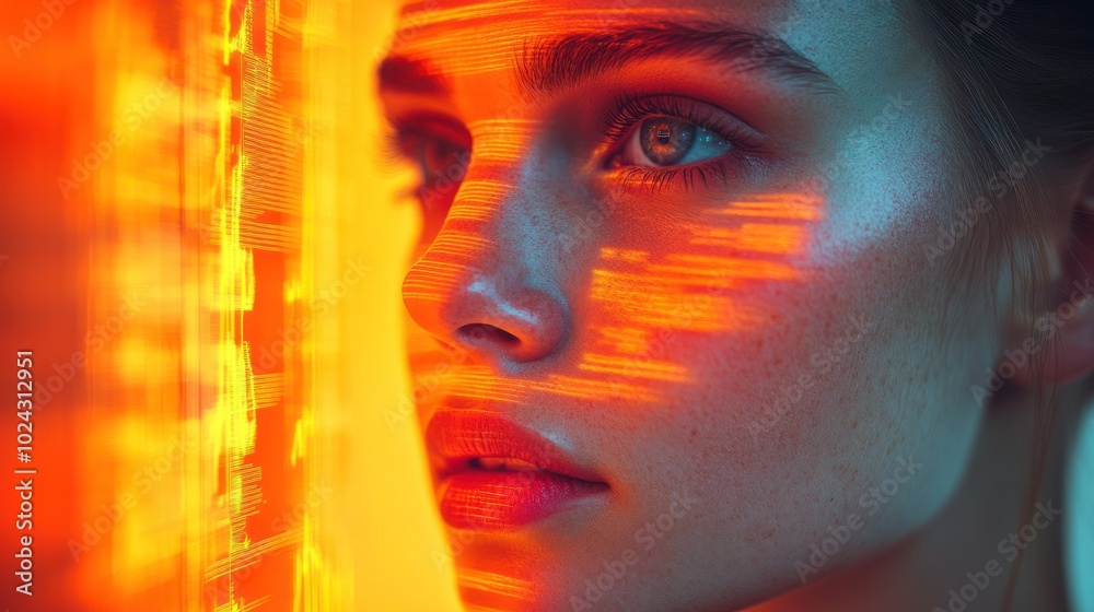 A young woman's face is illuminated by an orange and blue digital display. She stares intently at something off-camera. A young woman's face is illuminated by an orange and blue digital display. She stares intently at something off-camera.
