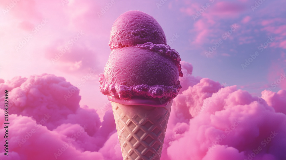 Pink ice cream in a waffle cone against a backdrop of pink clouds. A ...