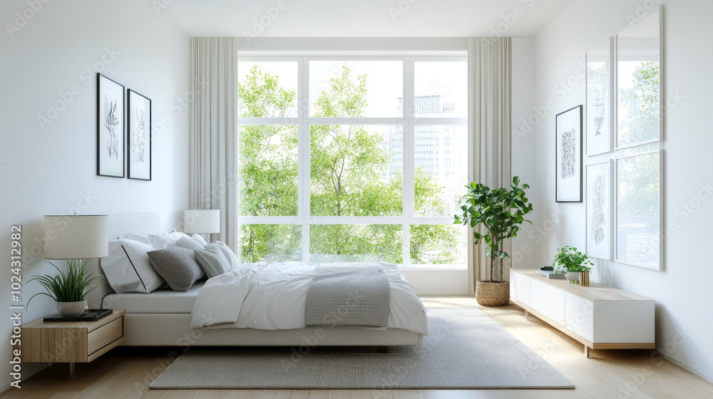 A bright and airy bedroom featuring large window with view of greenery, cozy bed with soft linens, and stylish decor elements that create serene atmosphere A bright and airy bedroom featuring large window with view of greenery, cozy bed with soft linens, and stylish decor elements that create serene atmosphere
