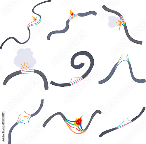 broken cable set cartoon. damage frayed, severed splice, insulation fault broken cable sign. isolated symbol vector illustration