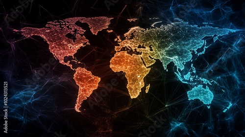 World Map with Data Points: A flat world map covered in thousands of digital data points, each representing a network hub or information transfer site, with lines linking them in a complex