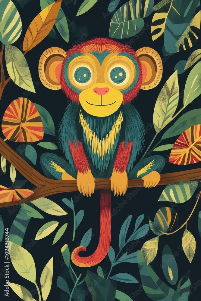 Fototapeta premium Colorful cartoon monkey sitting on a branch amidst vibrant foliage.