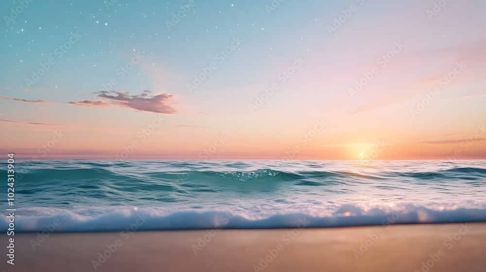 Fototapeta premium Dreamy 1960s inspired beachside sunset scene with soft pink hues sparkling stars over the horizon and gentle waves rolling in A touch of fantasy and nostalgia in the air creates a serene