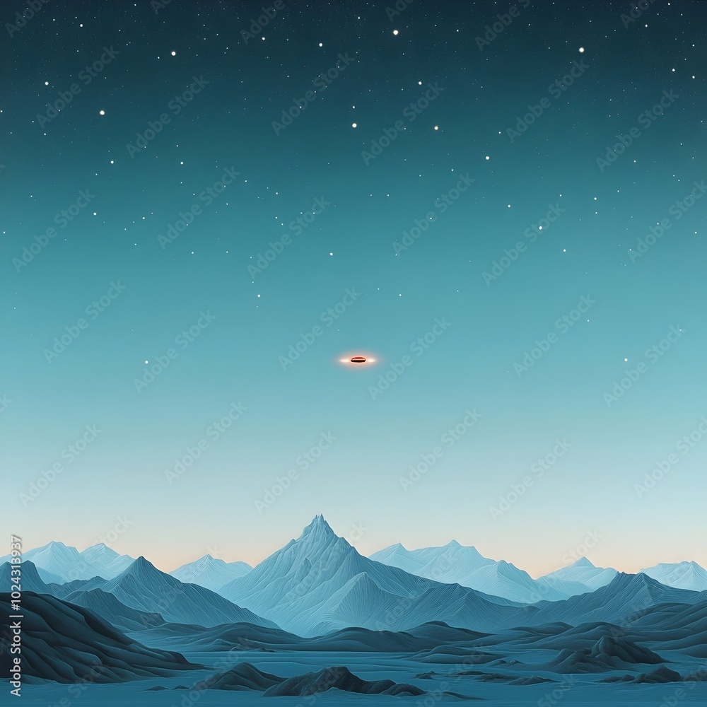 Dreamlike retro sci fi landscape of a distant planetary world with blue mountains and a vintage spaceship glowing softly in the distance under a sparkling starry night sky Dreamlike retro sci fi landscape of a distant planetary world with blue mountains and a vintage spaceship glowing softly in the distance under a sparkling starry night sky