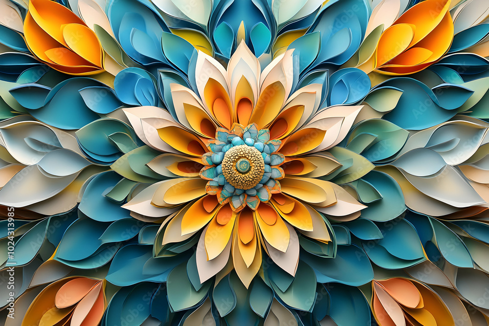 Paper Flower Abstract Illustration with Blue, Yellow, and White Petals Paper Flower Abstract Illustration with Blue, Yellow, and White Petals