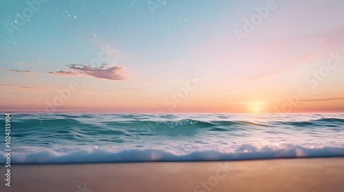 Dreamy 1960s inspired beachside sunset scene with soft pink hues sparkling stars over the horizon and gentle waves rolling in  A touch of fantasy and nostalgia in the air creates a serene