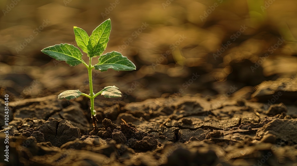 A Single Green Sprout Emerging from Cracked Earth A Single Green Sprout Emerging from Cracked Earth