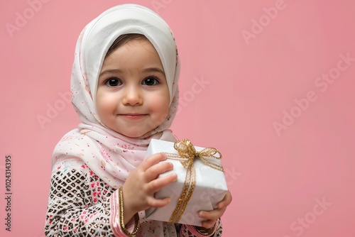 a small Muslim woman with a present in a pink background, Generative AI.