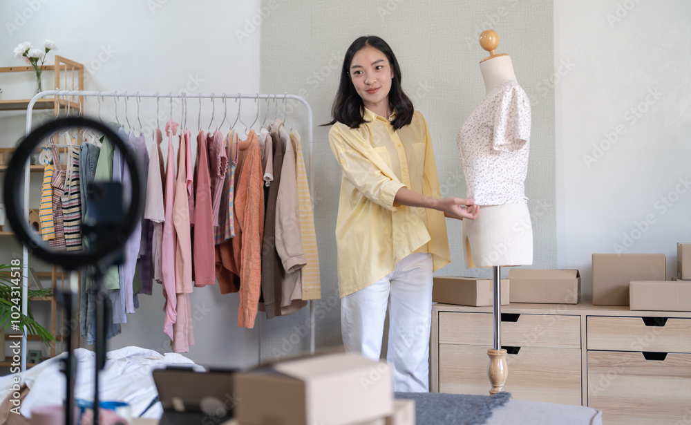 Young Asian girl Online consultation with stylist designer take online video course or training of stylish clothes on hangers clothing Asian Woman dressmaker working in fashion studio Young Asian girl Online consultation with stylist designer take online video course or training of stylish clothes on hangers clothing Asian Woman dressmaker working in fashion studio