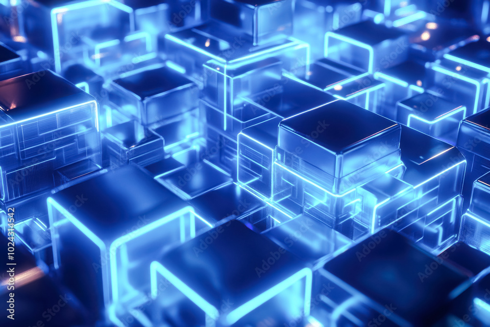 A futuristic vision of data blocks in a glowing digital environment, represented by blue metallic