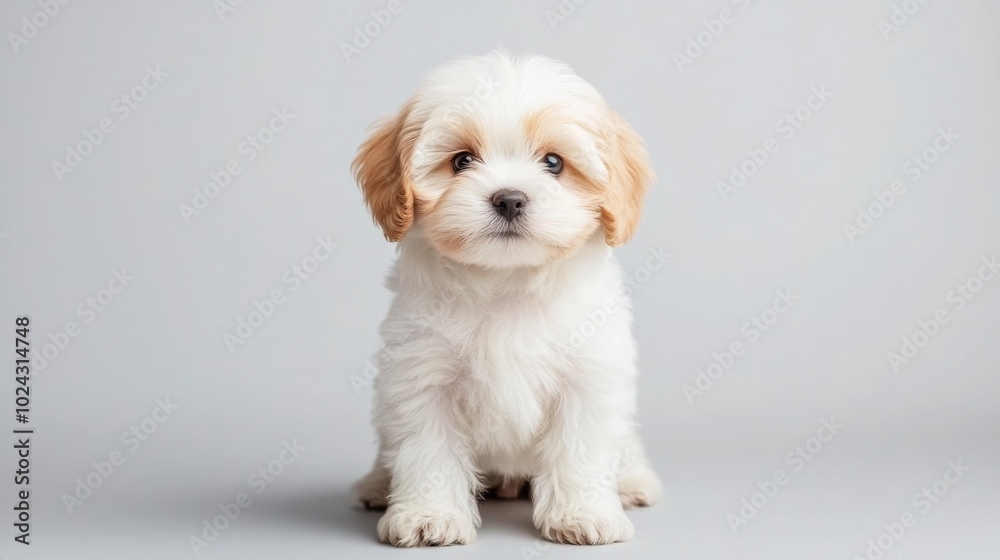 Fluffy puppy with light fur and adorable expression, sitting against neutral background. This charming little dog exudes cuteness and warmth, perfect for pet lovers Fluffy puppy with light fur and adorable expression, sitting against neutral background. This charming little dog exudes cuteness and warmth, perfect for pet lovers