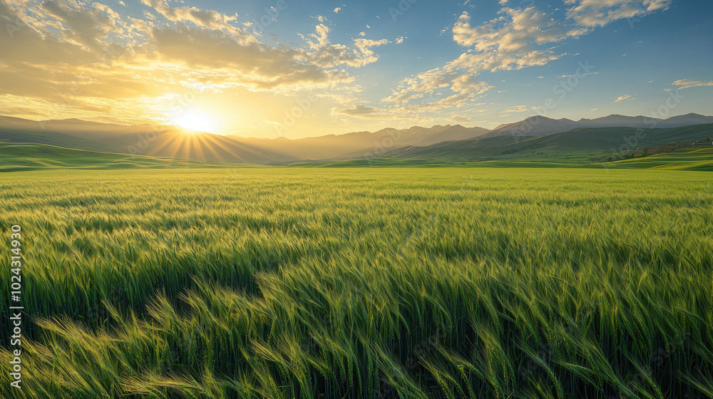 Golden Hour over Rolling Green Fields