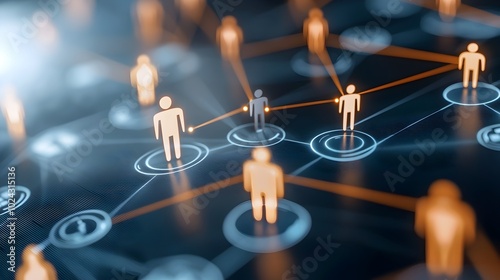 Futuristic visualization of a virtual grid of interconnected people icons showcasing the concept of global demographic networking big data interaction