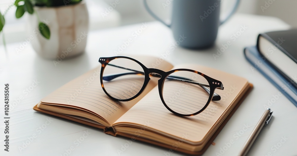 A tiny brown notebook and a pair of black-rimmed glasses rest next to a spotless white desk, promoting concentrated reading or note-taking in a simple workstation, Generative AI. A tiny brown notebook and a pair of black-rimmed glasses rest next to a spotless white desk, promoting concentrated reading or note-taking in a simple workstation, Generative AI.