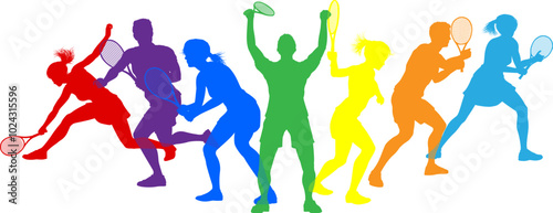 Silhouette Tennis players set. Active sports people healthy players fitness silhouettes concept.