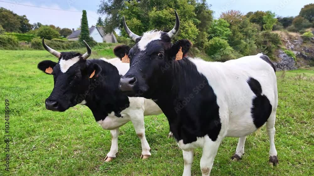 Two funny black and white Breton cows on the grass pasture fence. Two funny black and white Breton cows on the grass pasture fence.