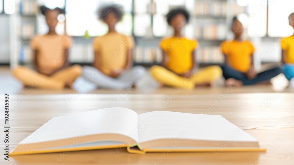 Open book in focus with children meditating in background in library setting Open book in focus with children meditating in background in library setting