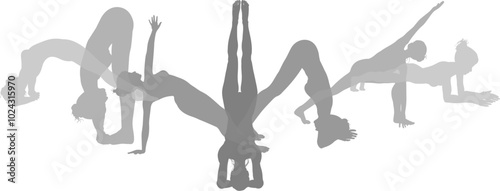 Silhouette yoga pilates women poses set. Active sports people healthy players fitness silhouettes concept.