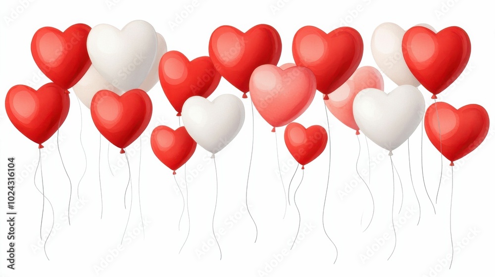 Heart-shaped balloons in red and white colors floating against a white background, symbolizing romance and celebration.