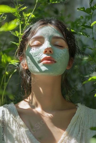 Full body shot of a woman with a blue clay mask, fresh green garden backdrop, sunlight filtering through.