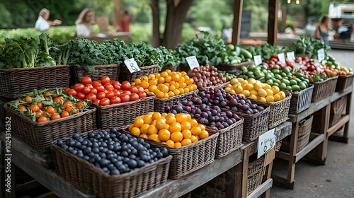 Fresh produce displayed in baskets on a market stall.