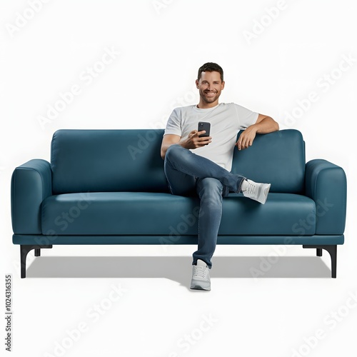 A man sitting on a modern teal-colored sofa, wearing a white t-shirt and dark jeans, smiling while holding a smartphone in his hand. The background is minimal and white, focusing on the relaxed settin